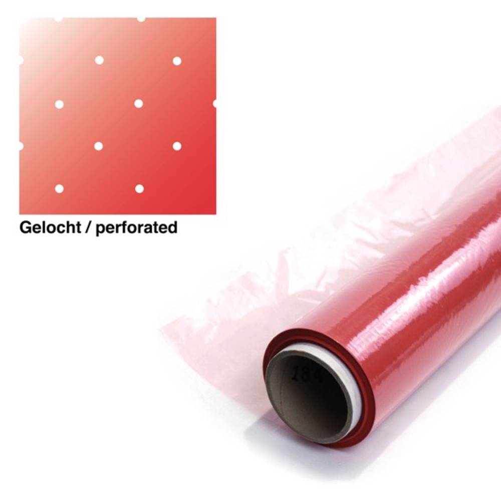 Eine rote, perforierte Folienrolle mit weißen Punkten. Links oben ein Muster mit der Beschriftung 'Gelocht / perforated'.