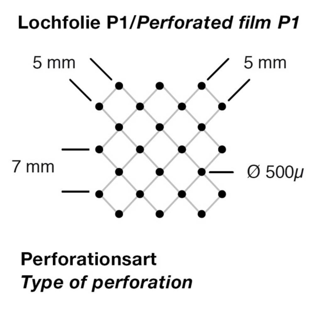 Diagramm einer Lochfolie mit quadratischem Muster. Abstände: 5 mm, 7 mm. Lochdurchmesser: 500 Mikrometer.