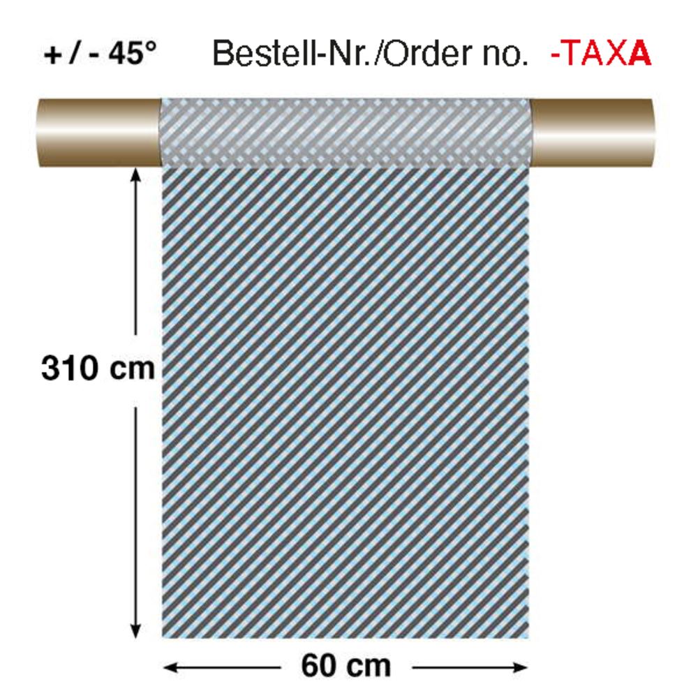 Illustration einer Rolle mit diagonalen Streifen, 310 cm lang und 60 cm breit. Text: '+/- 45°', 'Bestell-Nr./Order no. -TAXA'.