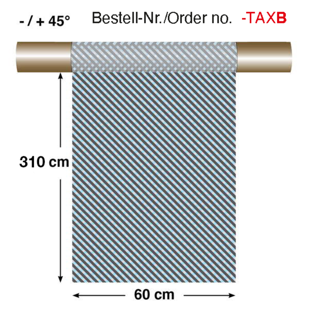 Illustration eines Stoffes auf einer Rolle mit diagonalen Streifen. Maße: 310 cm x 60 cm. Text: Bestell-Nr. -TAXB. Winkel: +/- 45°.