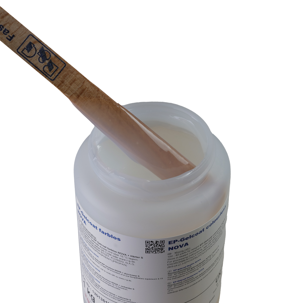 A wooden stick is dipped into a white gel-like substance inside a container labeled 