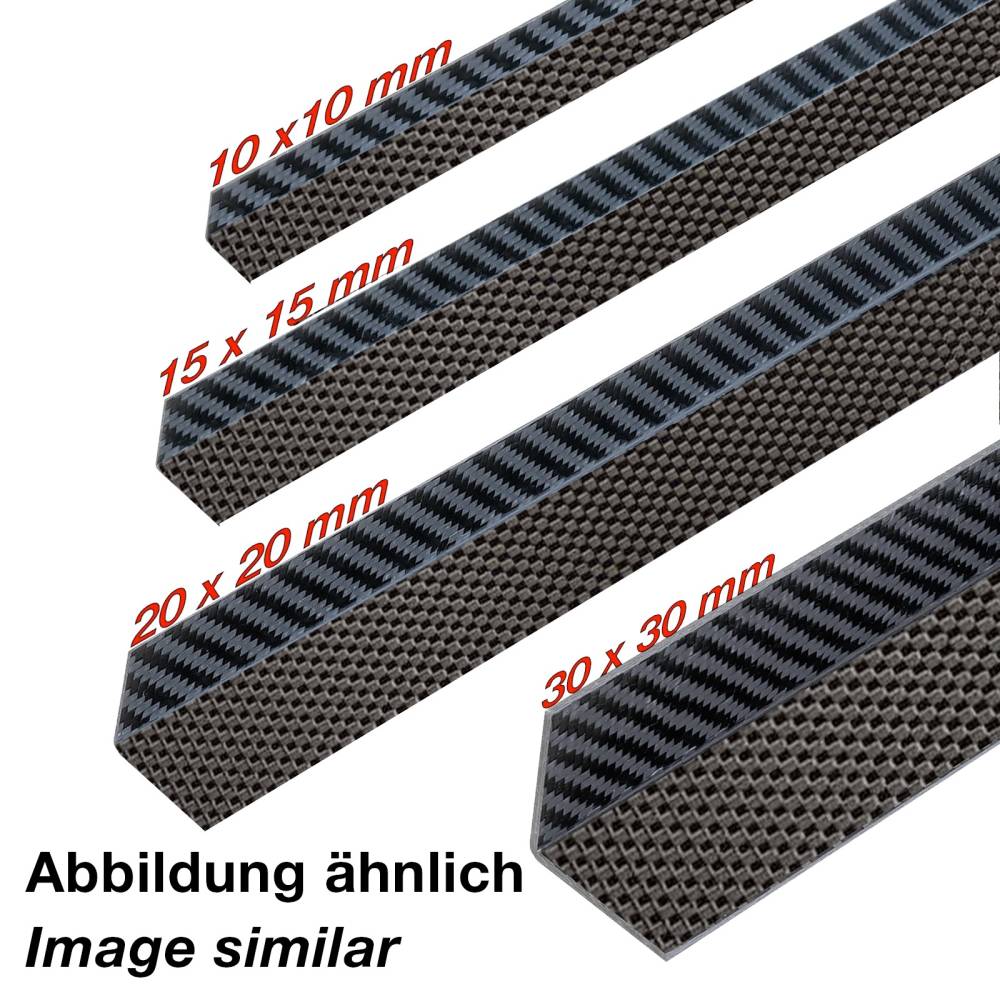 Vier Kohlefaser-Winkelprofile in verschiedenen Größen: 10x10 mm, 15x15 mm und 20x20 mm. Text: 