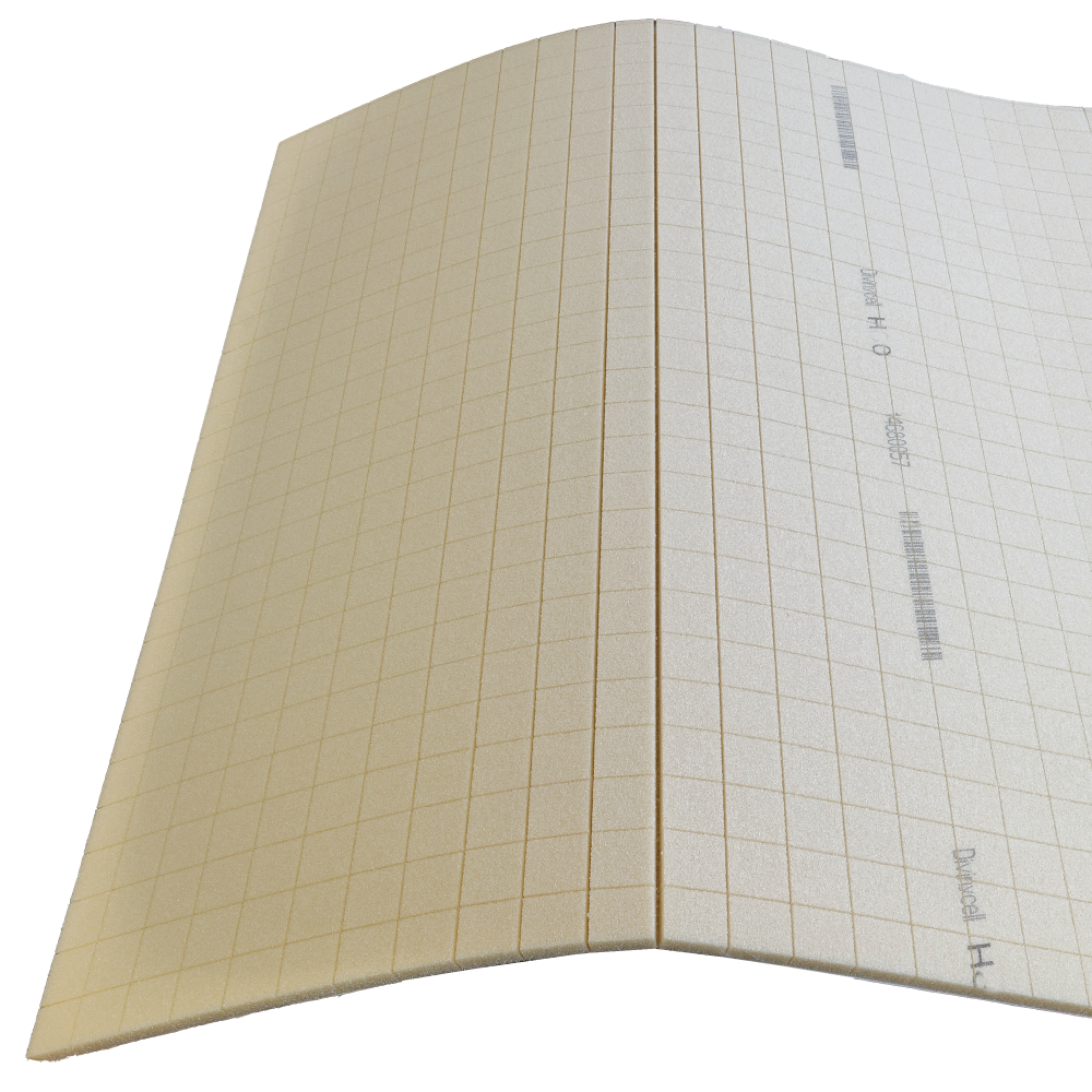 The image shows a close-up drawing of a rigid PVC foam sheet with grooves that form a uniform grid pattern.