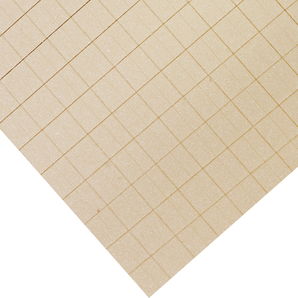 A close-up of a grid pattern with square tiles. The tiles are beige and have a textured, sparkly surface. The grid is diagonal.