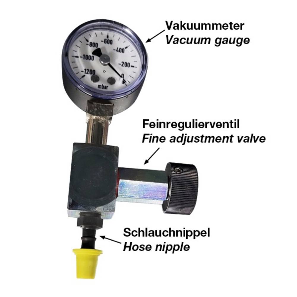 Das Bild zeigt ein Vakuummeter mit einem Feinregulierventil und einem Schlauchnippel, alle mit Beschriftungen versehen.