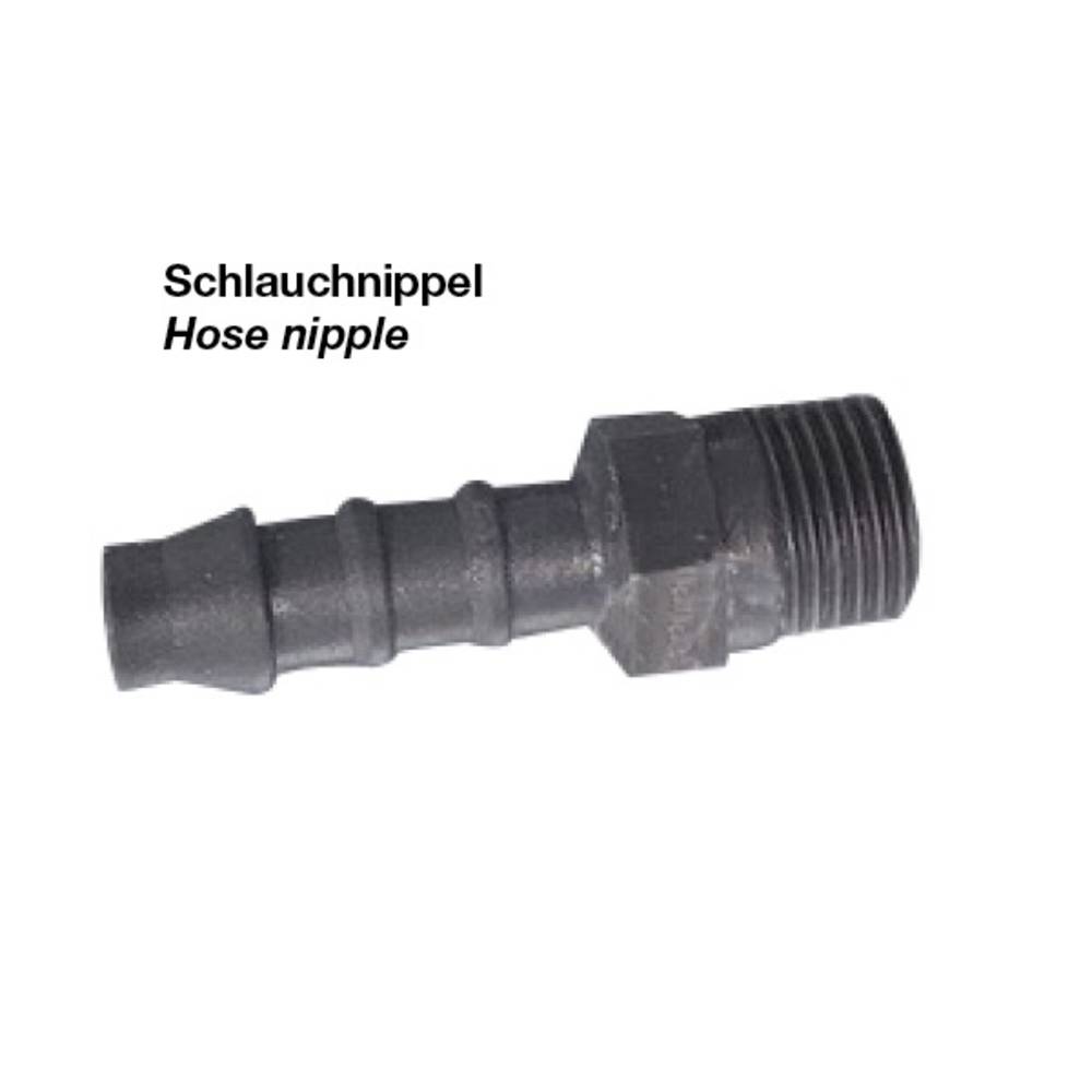 Ein Schlauchnippel aus Metall mit geripptem Ende und Gewinde. Beschriftung: 'Schlauchnippel / Hose nipple'.