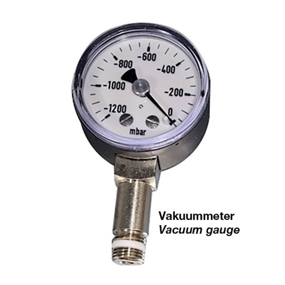 Ein Vakuummeter mit einer Skala von 0 bis -1200 mbar. Es hat einen Metallanschluss und eine klare Anzeige.