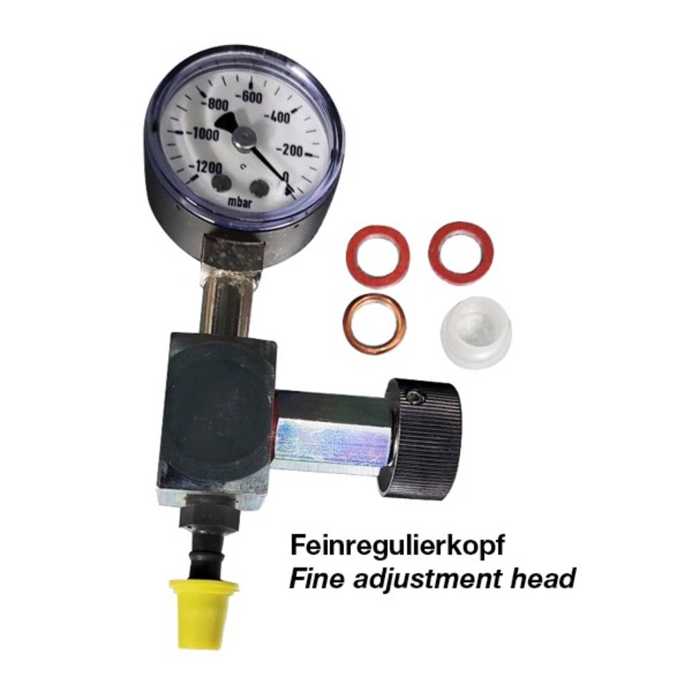 Ein Feinregulierkopf mit Vakuummeter, Dichtungsringen und Beschriftung 'Feinregulierkopf'.