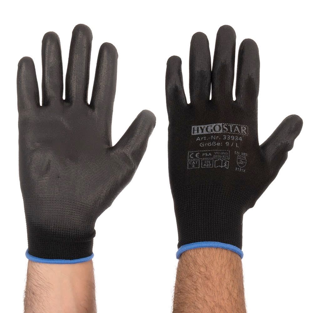 Schwarze Arbeitshandschuhe mit blauen Bündchen, getragen an zwei Händen. Auf einem Handschuh sind technische Details aufgedruckt.