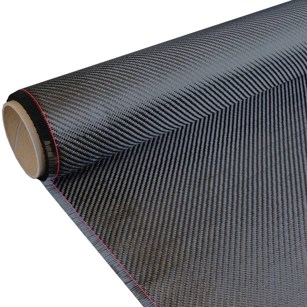 The image shows a roll of carbon fiber fabric with a visible weave pattern and a red edge, partially unrolled on a white background.