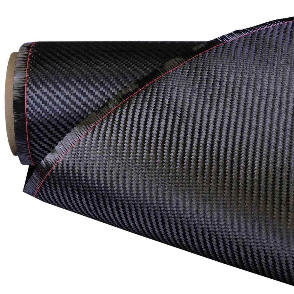 A roll of black carbon fiber fabric with a visible weave pattern and a red stitching line along the edge.