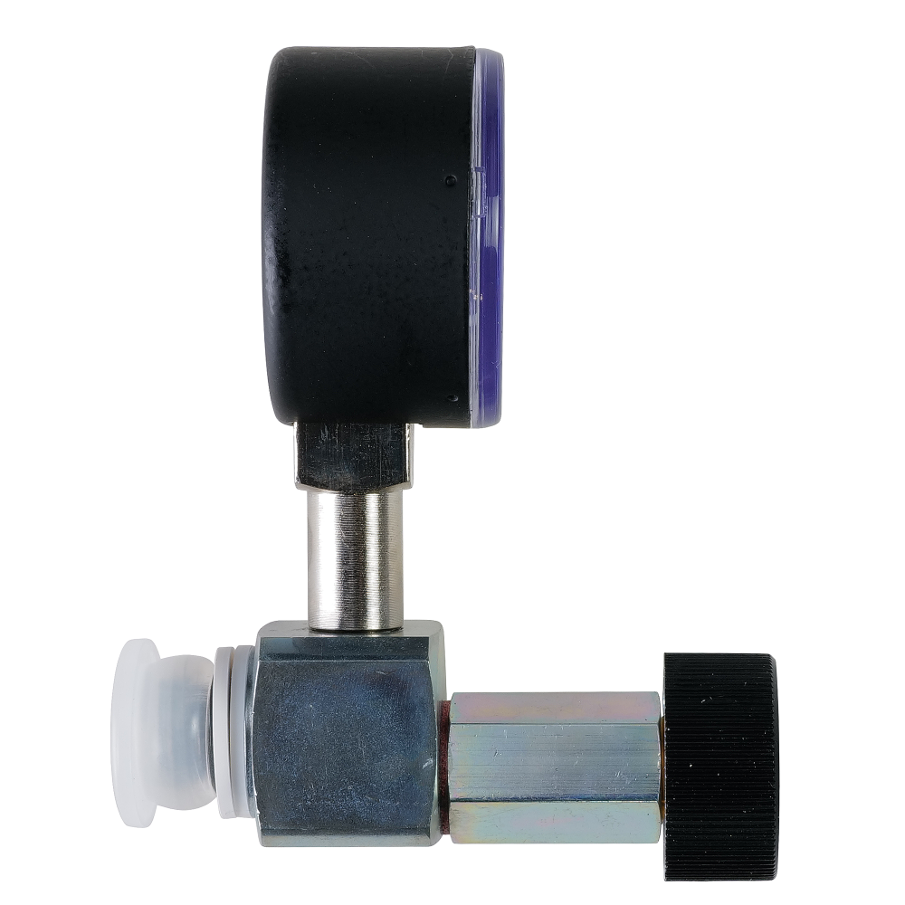 A metal and plastic industrial component with a gauge and a valve.