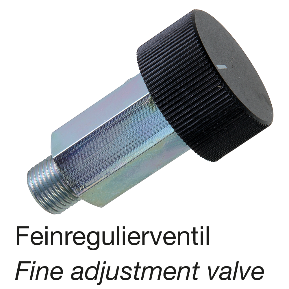 A fine adjustment valve with a metallic body and a black, ribbed knob. Text reads: 'Feinregulierventil' and 'Fine adjustment valve'.