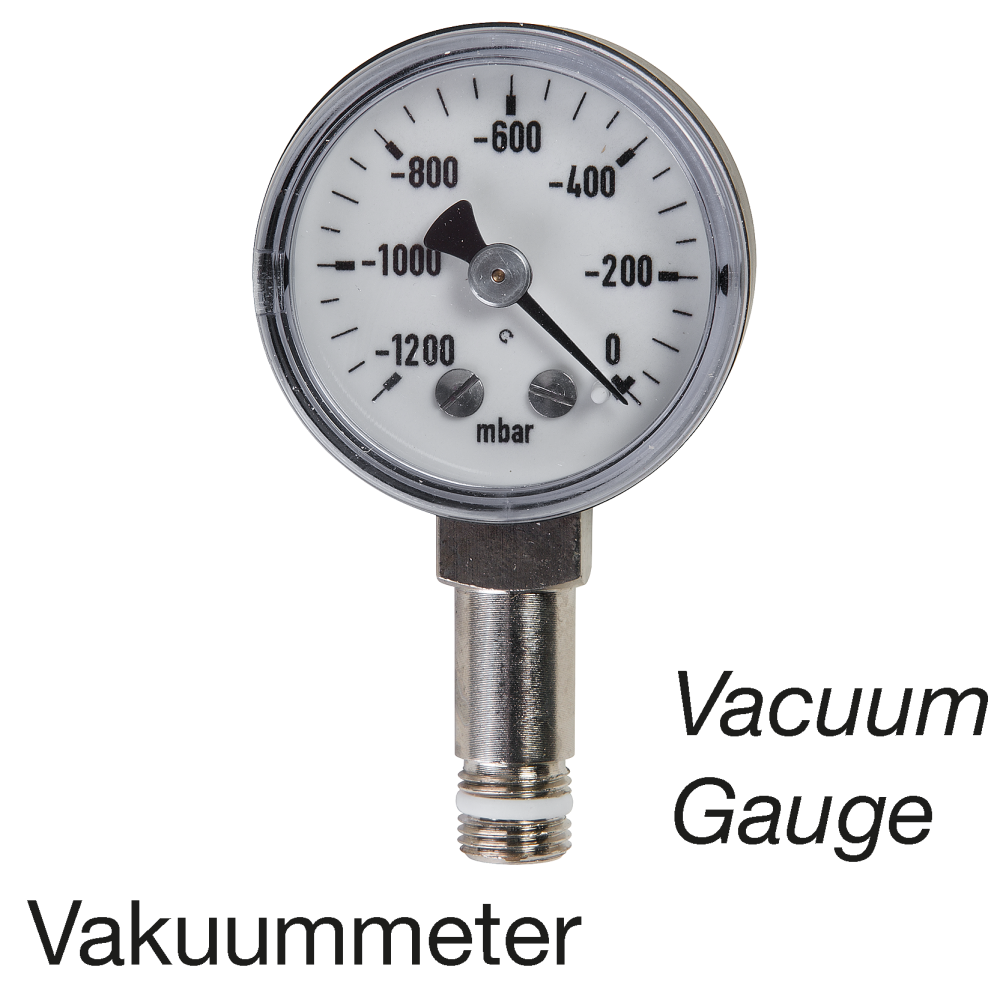 The image shows a vacuum gauge with a scale ranging from -1200 to 0 mbar. It has a metal connector at the bottom. The words 