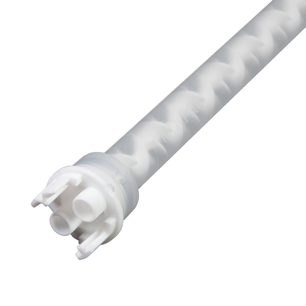 A close-up of a white plastic mixing nozzle with a helical interior design, used for mixing two-component materials.