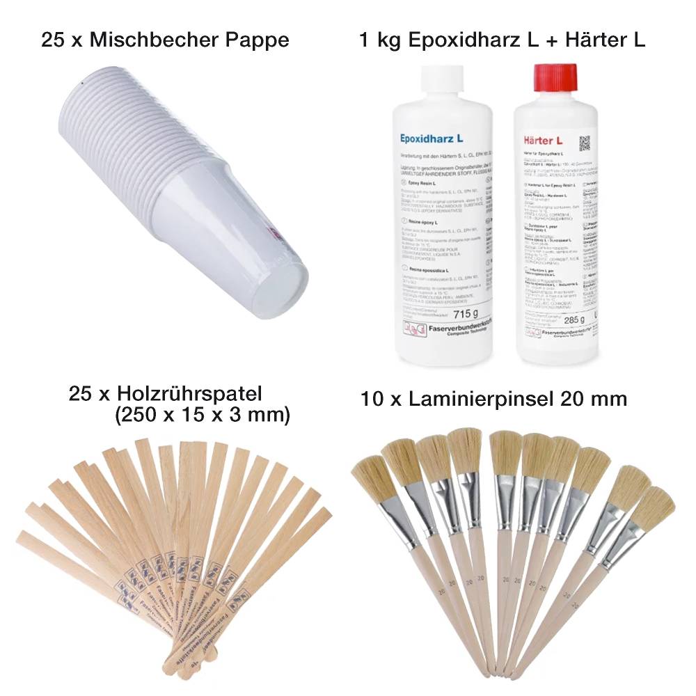 The image shows 1 ? Epoxy Resin L + Hardener L (40 min), pack, 1 kg, 25 ? Paper mixing cups, 300 ml , 20 ? Wooden mixing sticks (250 ? 15 ? 3 mm) and 10 ? Laminating brushes, 20 mm 