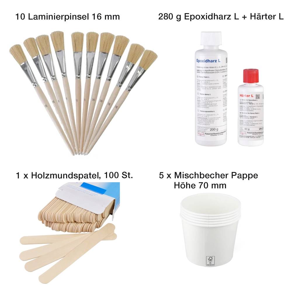 The image shows 1 ? Epoxy Resin L + Hardener L (40 min), pack, 280 g, 5 ? Paper mixing cups, 300 ml , 1 ? Wooden spatula (150 ? 18 ? 1.5 mm) and 10 ? Laminating brushes, 16 mm