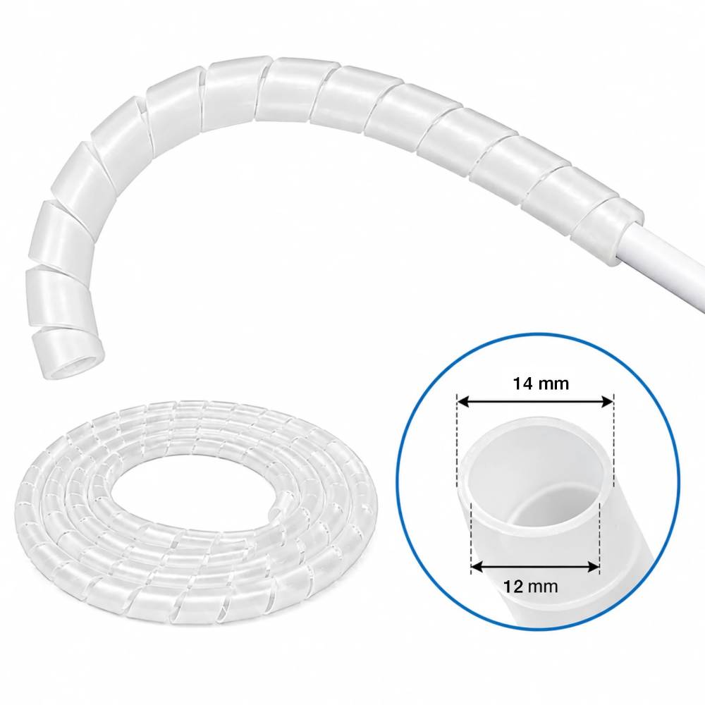 The image shows a white coiled spiral hose and a close-up of the spiral hose. The inner and outer diameters of the hose are shown in a blue circle: outer diameter 14 mm, inner diameter 12 mm.