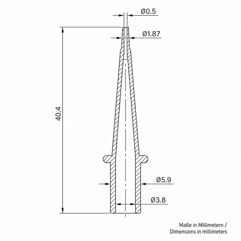 Technical drawing of a tapered cylindrical object with dimensions in millimeters. It has various diameter measurements and a height of 40.4 mm.