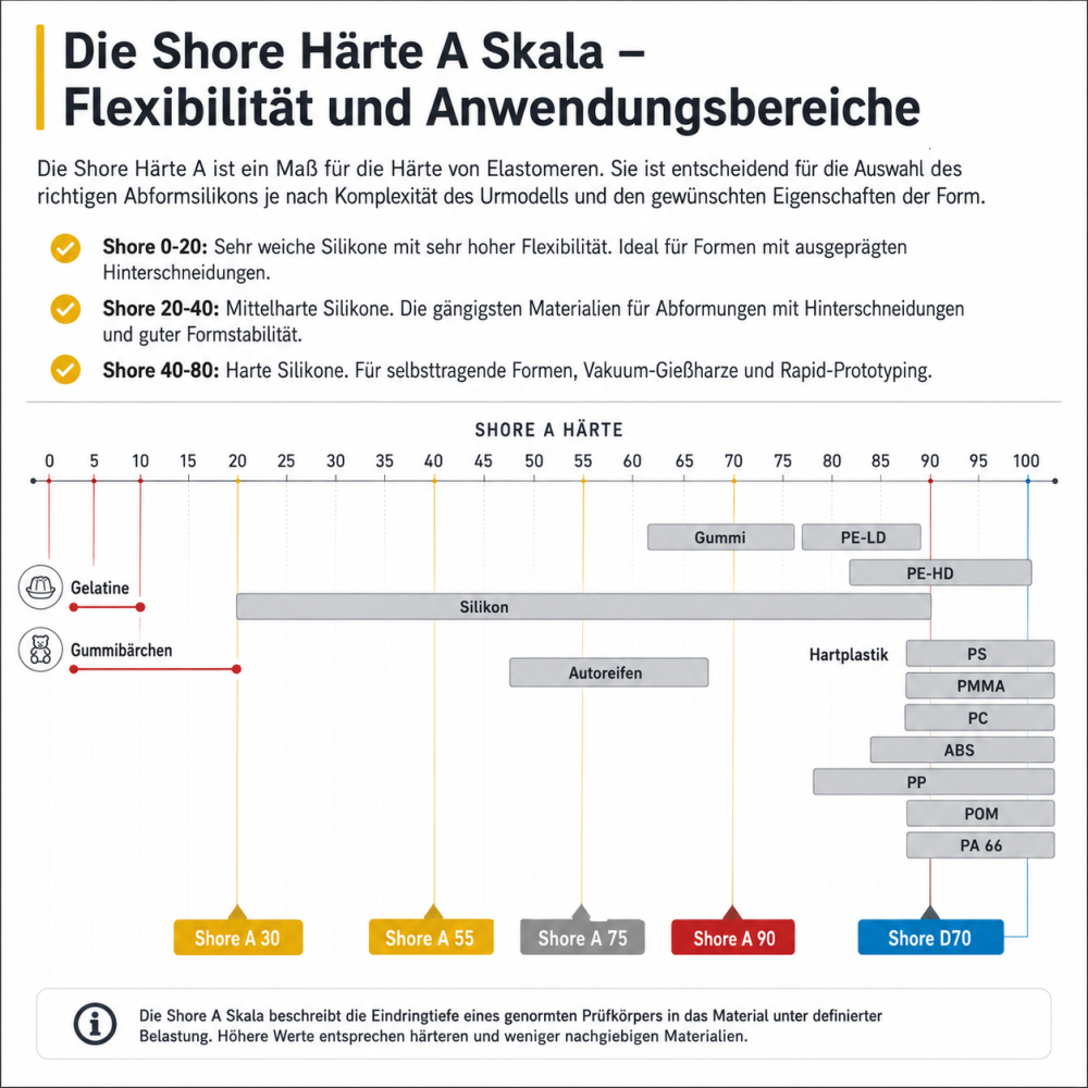 Das Bild zeigt eine Grafik zur Shore Härte A Skala, die die Härte von Elastomeren misst. Es gibt drei Härtebereiche: 0-20 für sehr weiche Silikone, 20-40 für mittelharten Silikone und 40-80 für harte Silikone. Die Grafik zeigt auch Anwendungen für verschiedene Shore A Werte, von Gelatine und Gummibärchen bis zu harten Kunststoffen wie PS, PMMA und PC.