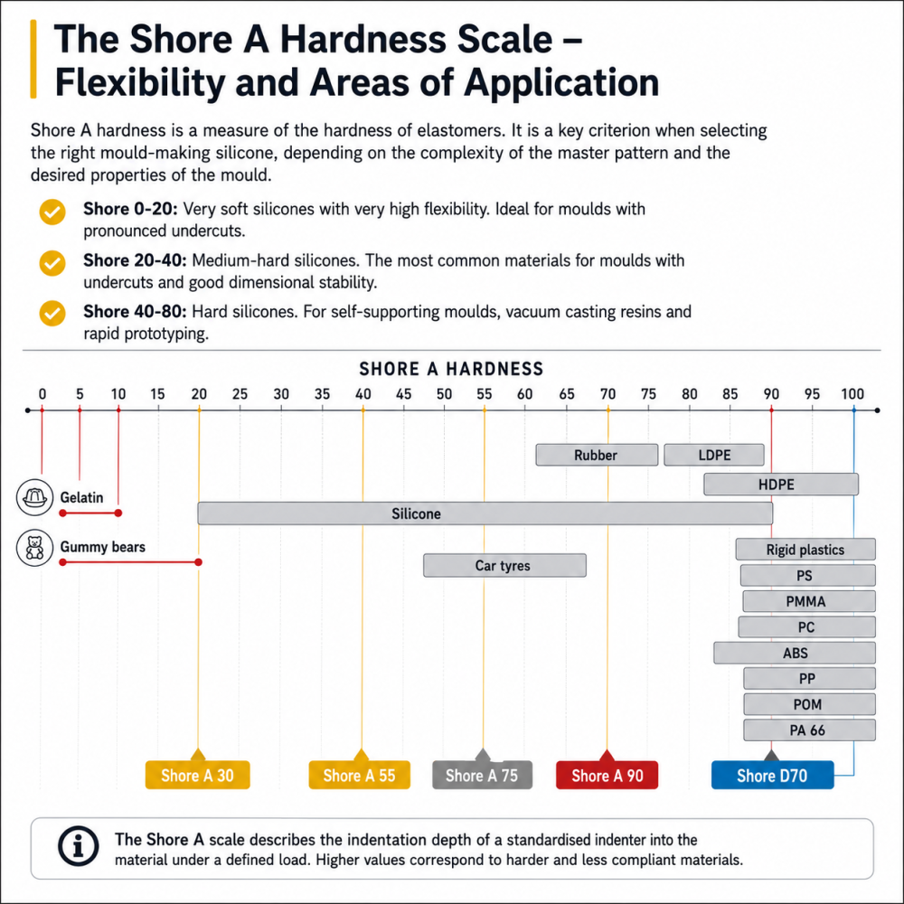 Ein Diagramm zeigt die Shore A Härteskala mit Anwendungen. Elastomere werden nach Härte von 0 bis 100 kategorisiert. Objekte wie Gummibärchen, Silikon und Autoreifen sind entlang der Skala platziert. Der Text erklärt die Flexibilität und Anwendungsbereiche für unterschiedliche Härtegrade.