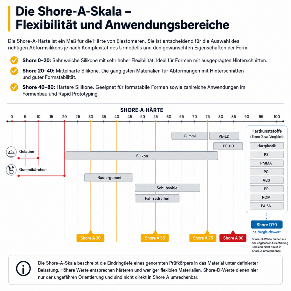 Diagramm der Shore-A-Härteskala mit Anwendungen. Zeigt Härtebereiche für Gelatine, Gummibärchen, Silikon, Reifen und Kunststoffe.