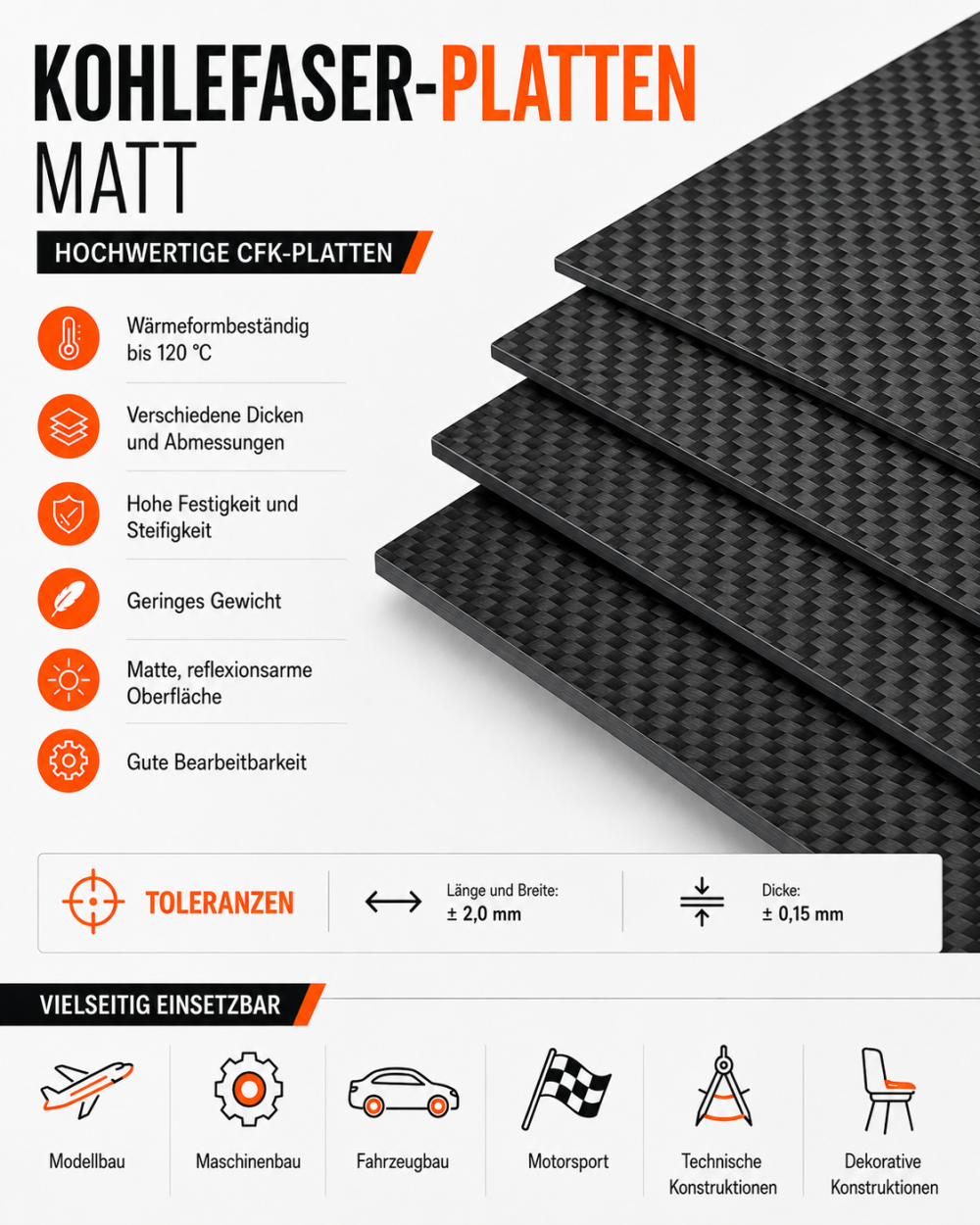 The image is an advertisement for matte carbon fiber plates. It highlights features such as heat resistance up to 120°C, various thicknesses and dimensions, high strength and stiffness, low weight, a matte, low-reflection surface, and good machinability. The tolerances for length, width, and thickness are specified. The plates are suitable for versatile applications including model making, mechanical engineering, automotive, motorsport, technical constructions, and decorative constructions. The design includes icons for each application and uses bold text for emphasis.