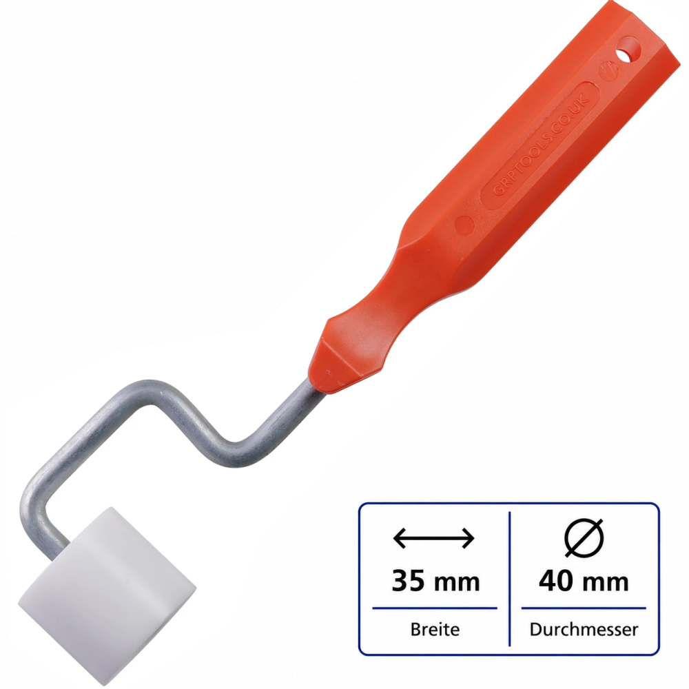 A tool with a white cylindrical roller attached to a metal rod, featuring an orange handle.