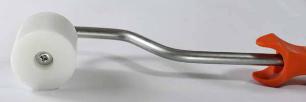 A tool with a curved metal handle, white cylindrical roller, and orange plastic grip.