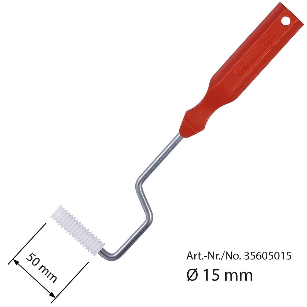 A red-handled textured roller with a 50 mm width and 15 mm diameter, used for applying textures or coatings. The handle has a hole for hanging.