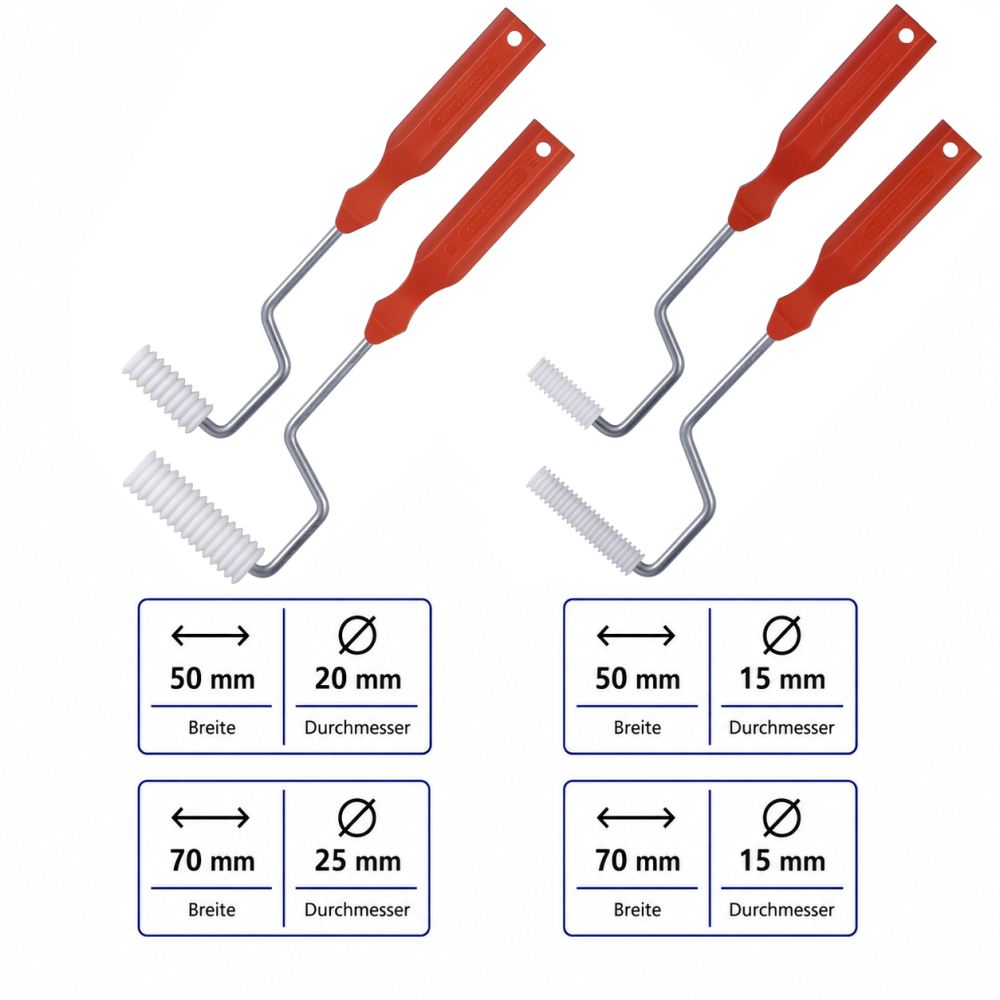 The image shows two sets of two paint rollers with red handles and white textured rollers. Each set includes rollers of different sizes. The first set has rollers with a width of 50 mm and a diameter of 20 mm, and another with a width of 70 mm and a diameter of 25 mm. The second set has rollers with a width of 50 mm and a diameter of 15 mm, and another with a width of 70 mm and a diameter of 15 mm. There are labels below each set indicating these dimensions.