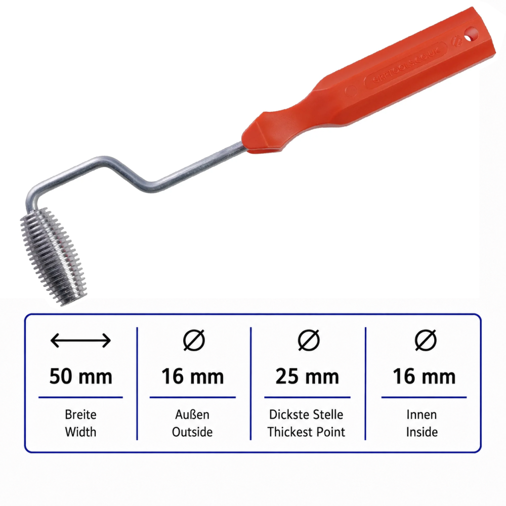 The image shows a red-handled tool with a metal rod and a textured cylindrical end. Below it, there are measurements in millimeters: 50mm width, 16mm outside diameter, 25mm thickest point, 16mm inside diameter.