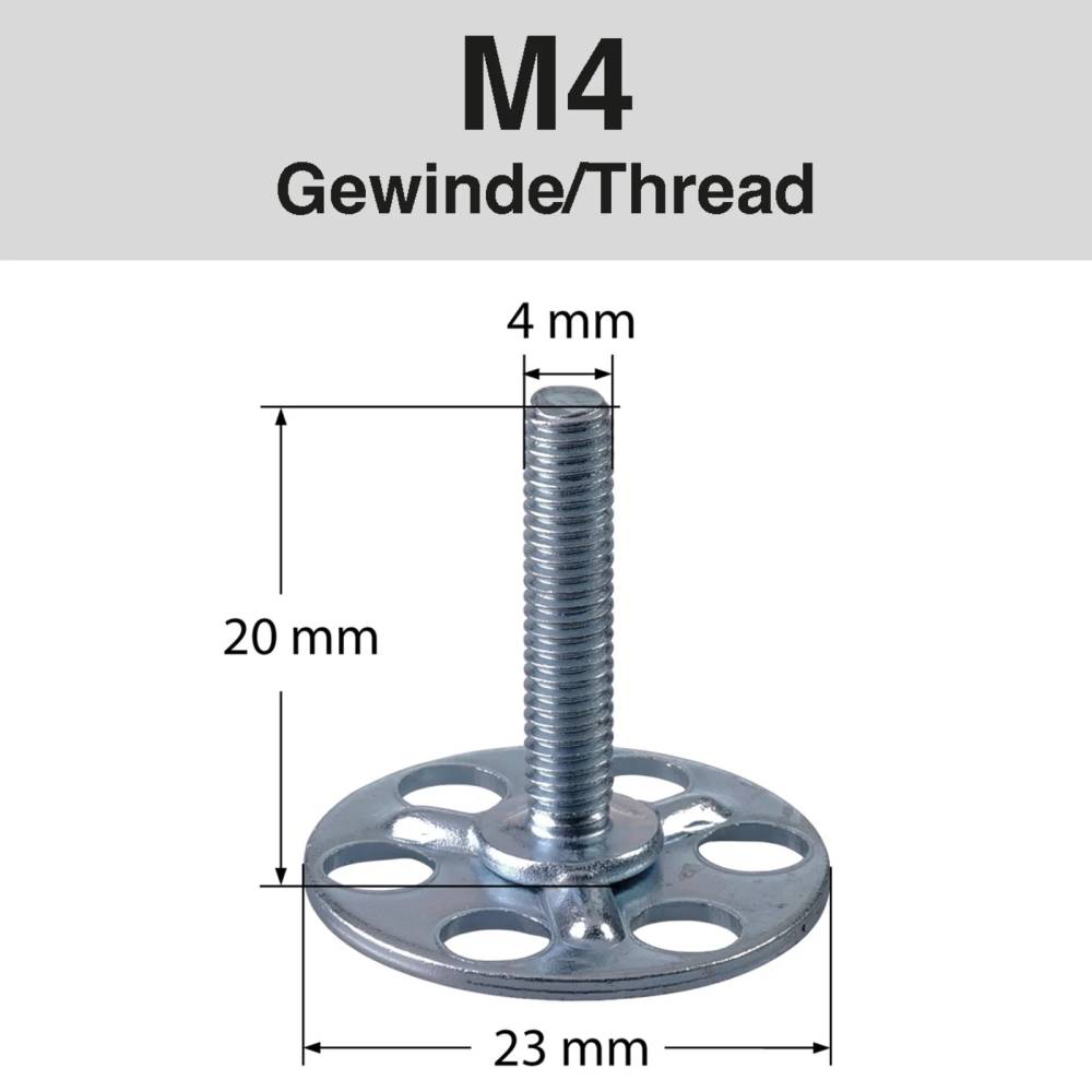 Das Bild zeigt eine M4-Gewindeschraube mit einer runden Basis. Die Schraube ist 20 mm hoch und hat einen Durchmesser von 4 mm. Die Basis hat einen Durchmesser von 23 mm und mehrere Löcher.