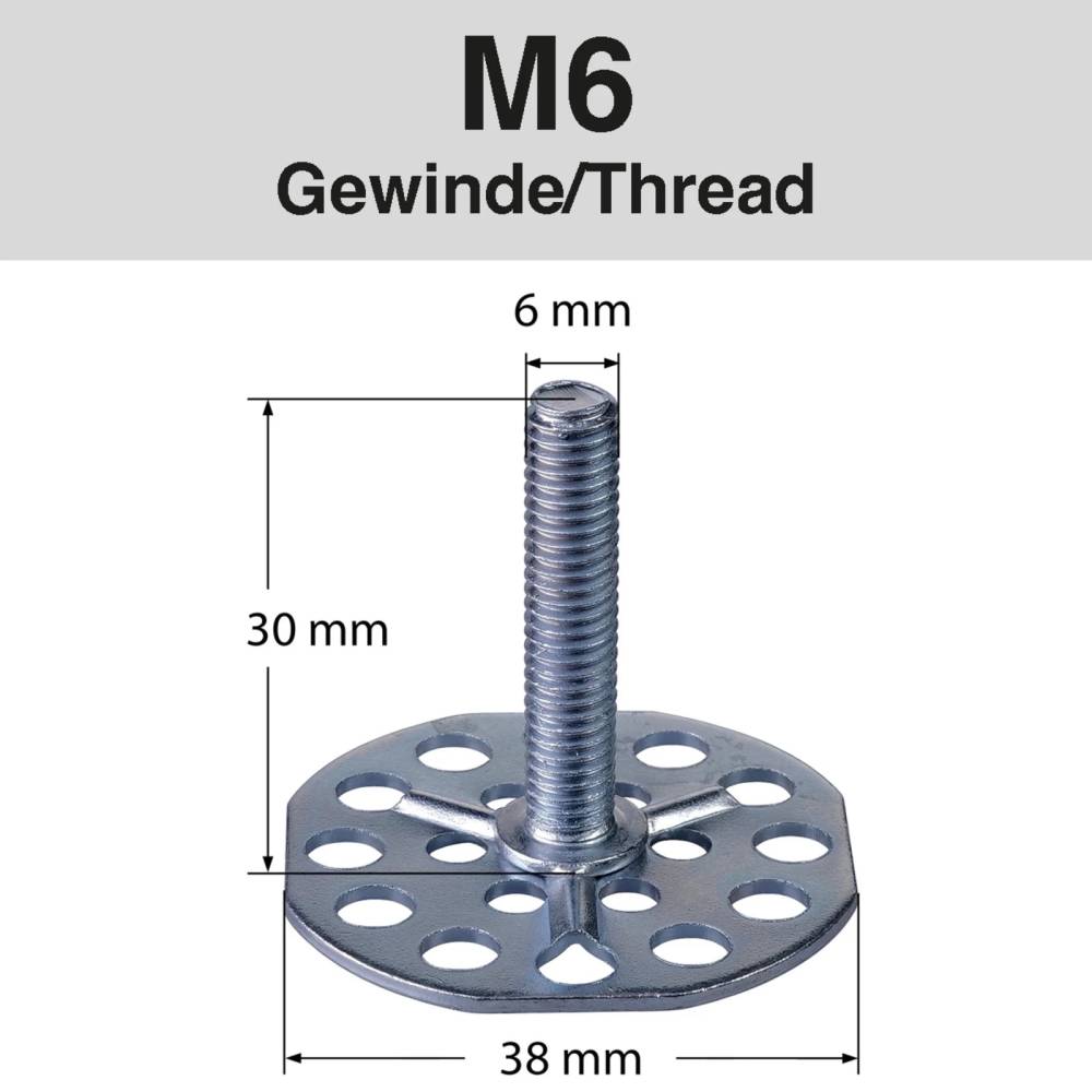 Das Bild zeigt eine Schraube mit einem runden, gelochten Kopf. Die Maße sind angegeben: Gewinde-Durchmesser 6 mm, Länge 30 mm, Kopfdurchmesser 38 mm. Oben steht 