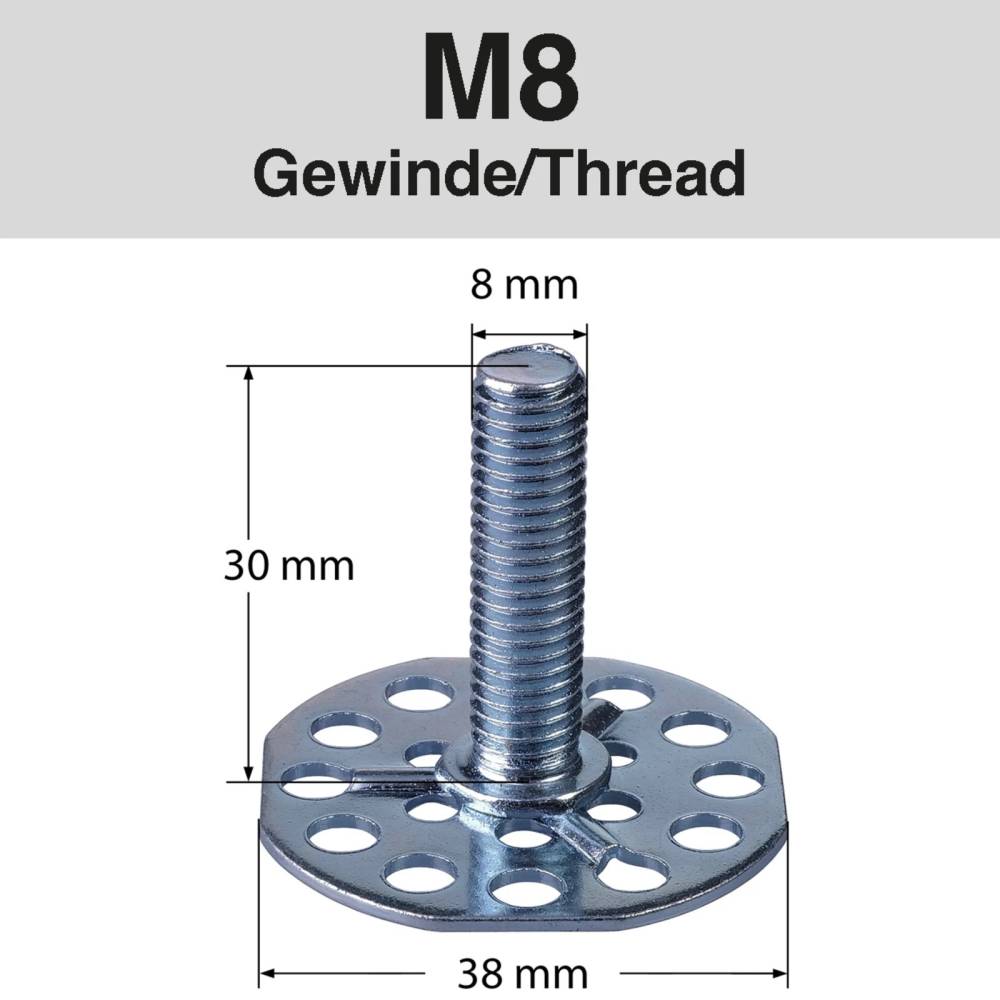 Das Bild zeigt eine M8 Schraube mit den Maßen 8 mm Durchmesser, 30 mm Höhe und 38 mm Basisdurchmesser. Die Basis ist durchlöchert.