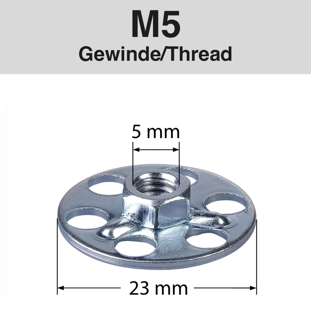 Das Bild zeigt eine Metallplatte mit einem M5-Gewinde in der Mitte. Der Durchmesser beträgt 23 mm, das Gewinde 5 mm. Oben steht 'M5 Gewinde/Thread'.
