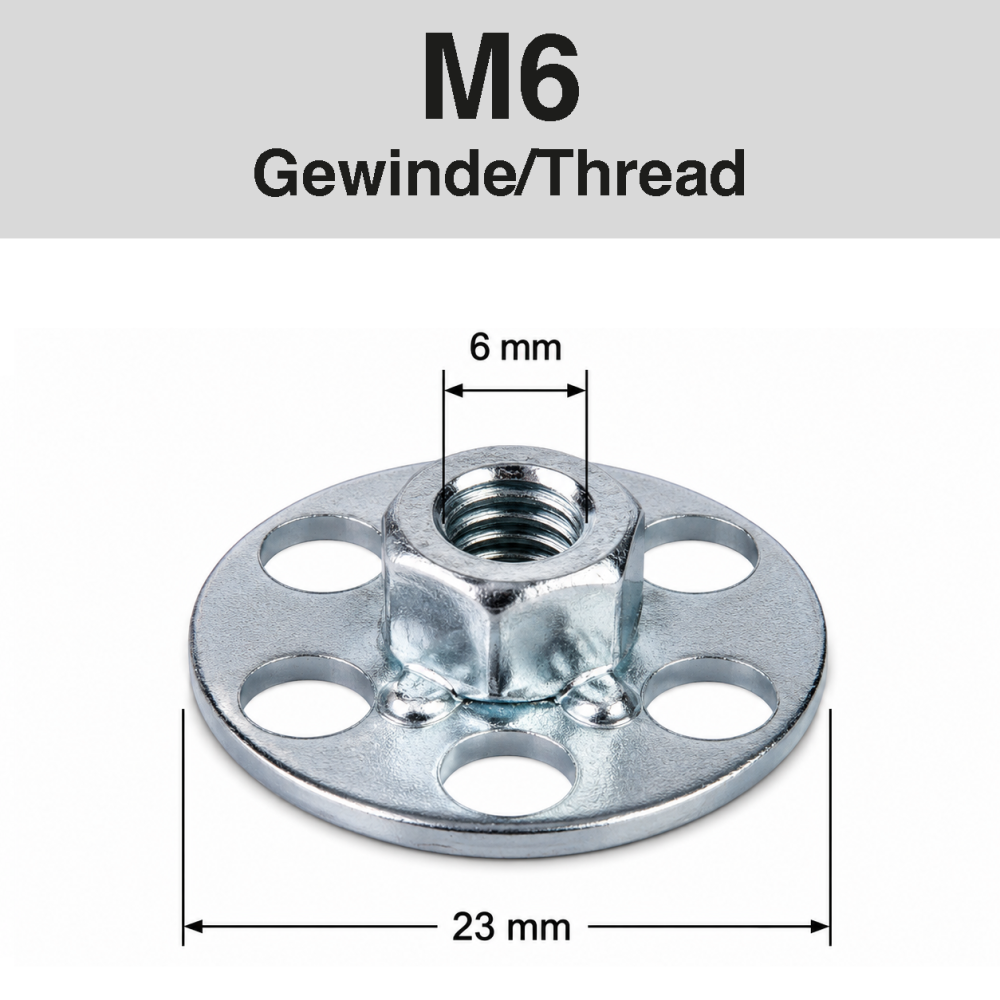 Das Bild zeigt eine Metallscheibe mit einem M6-Gewinde in der Mitte, umgeben von sechs Löchern. Maße: 6 mm und 23 mm.