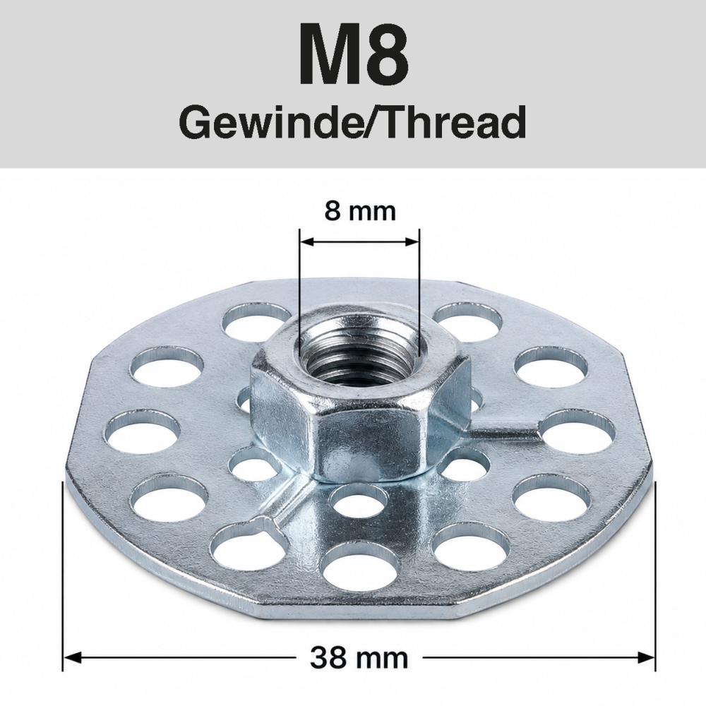 Das Bild zeigt eine Metallplatte mit einem M8-Gewinde in der Mitte. Die Platte hat mehrere Löcher und ist 38 mm im Durchmesser.