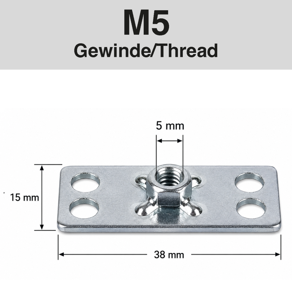 Metallplatte mit M5-Gewinde, 4 Löcher, Maße 38x15 mm, Gewindedurchmesser 5 mm.