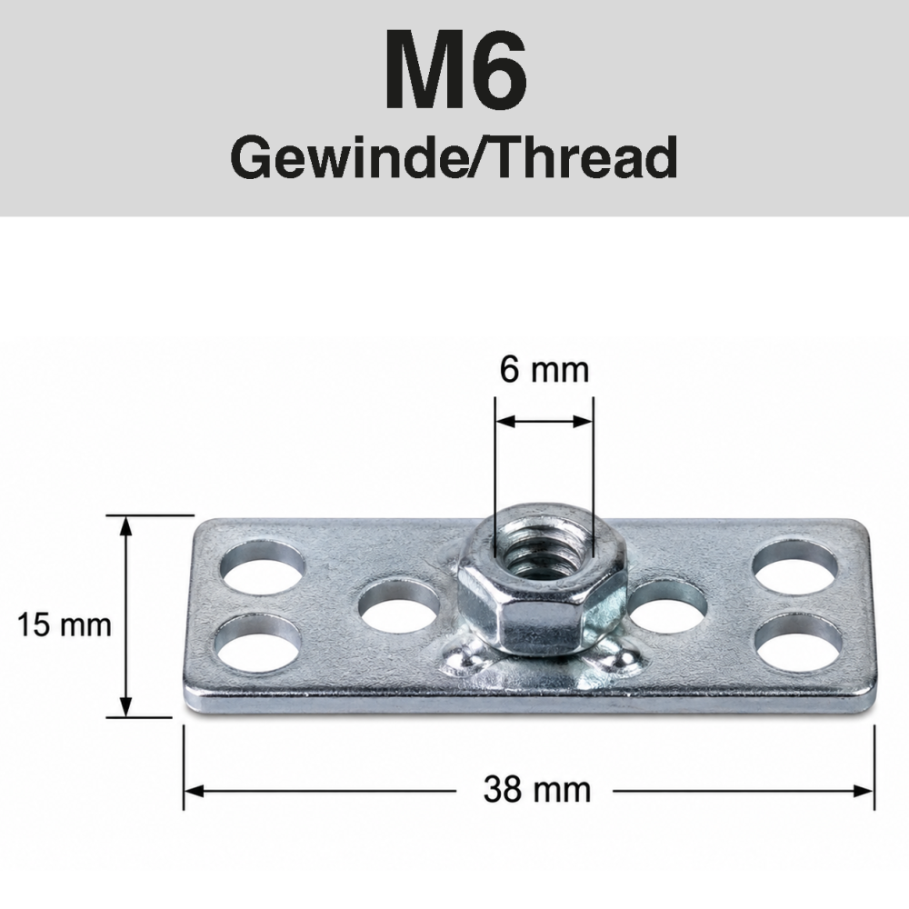 Metallplatte mit M6-Gewinde, Abmessungen 38x15 mm, vier Löcher. Text: 'M6 Gewinde/Thread'.