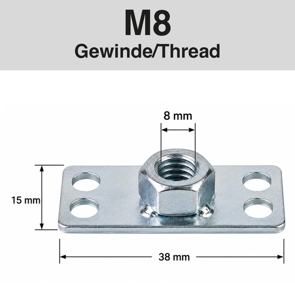 Eine Metallplatte mit einem M8-Gewinde. Die Platte hat vier Löcher und Maße von 38 mm x 15 mm. Das Gewinde hat einen Durchmesser von 8 mm.