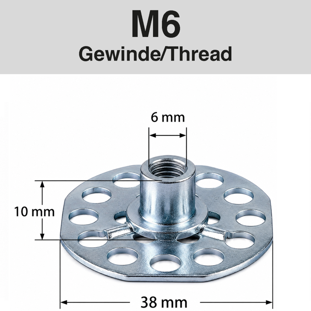Ein Metallteil mit M6-Gewinde, 6 mm Durchmesser, 10 mm Höhe, 38 mm Breite. Mehrere Löcher auf der Basisplatte.