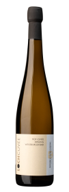 Produktfoto: Hochwertige Schlegelflasche mit Etikett 'Hof-Cuvée Riesling Weissburgunder', Kapsel in Dunkelgrau.