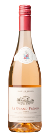 Produktfoto: Eine Weinflasche mit rotem Verschluss und Etikett “Le Grand Prébois“ von Famille Perrin, Luberon, Frankreich.
