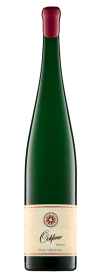 Produktfoto: Hochwertige Schlegelflasche mit rotem Verschluss und Etikett mit Aufschrift “Ockfener Riesling Van Volxem“.