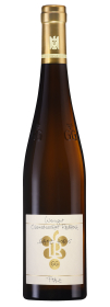 Produktfoto: Hochwertige Schlegelflasche mit goldenem Verschluss und Etikett des Weinguts Rebholz. Aufschrift: Ganz Horn GG.