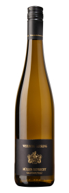 Produktfoto: Schlegelflasche mit schwarzem Etikett, goldener Schrift und Schraubverschluss.