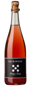 Produktfoto: Eine Flasche mit rotem Getränk, Etikett 'Seckinger Phips Fizz', Korkverschluss, schwarzes Etikett mit weißen Punkten.