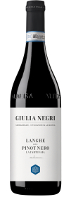 Produktfoto: Hochwertige Weinflasche Giulia Negri Langhe DOC Pinot Nero La Tartufaia mit schwarzem Etikett und blauer Dekoration.
