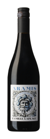 Produktfoto: Flasche Burgunderwein mit schwarzem Schraubverschluss, Etikett mit blauer Schrift 'ARAMIS', verziertem Gesicht und 'FAMILLE LAPLACE'.